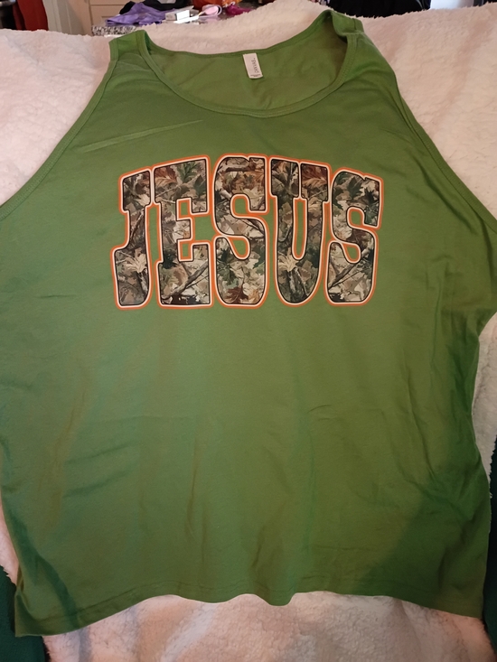 Bella Canvas Other - Bella Canvas Green Tank Top with Orange-Outlined Camo Graphic